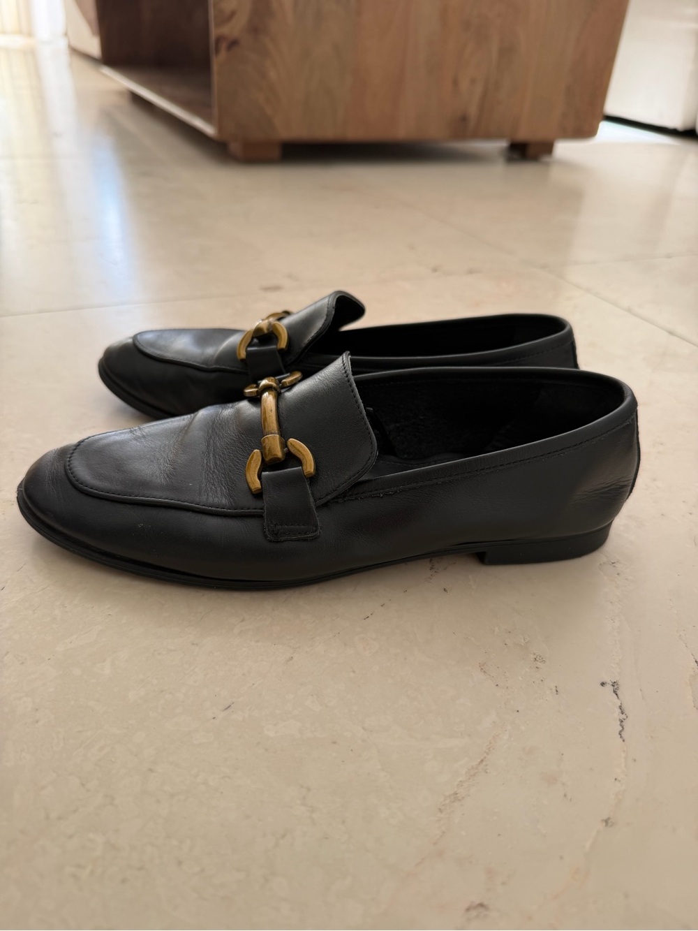 Mango Black Leather Loafers with Gold Horsebit Detail